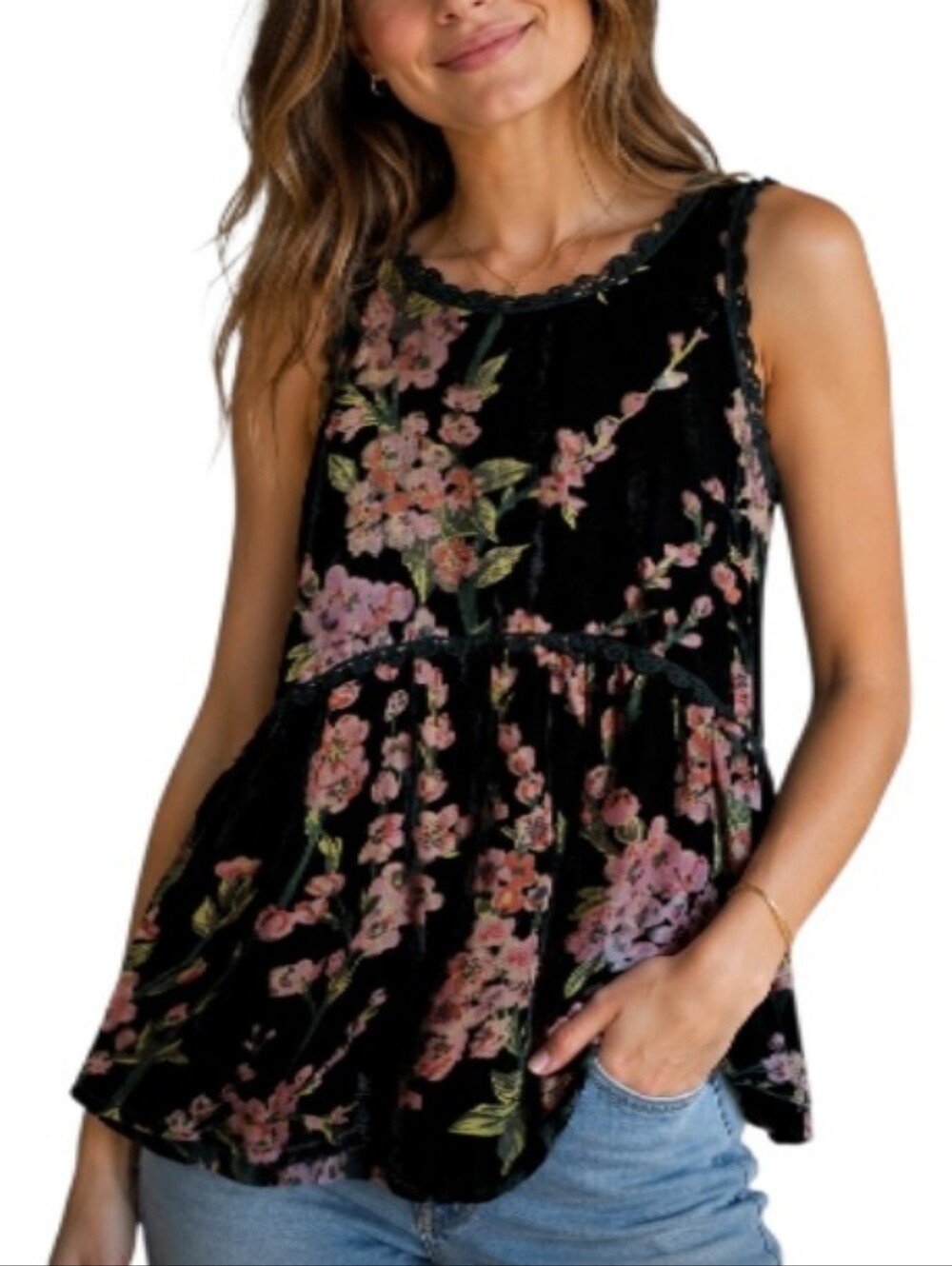 POL Floral Velvet Sleeveless Peplum Camisole-NWT